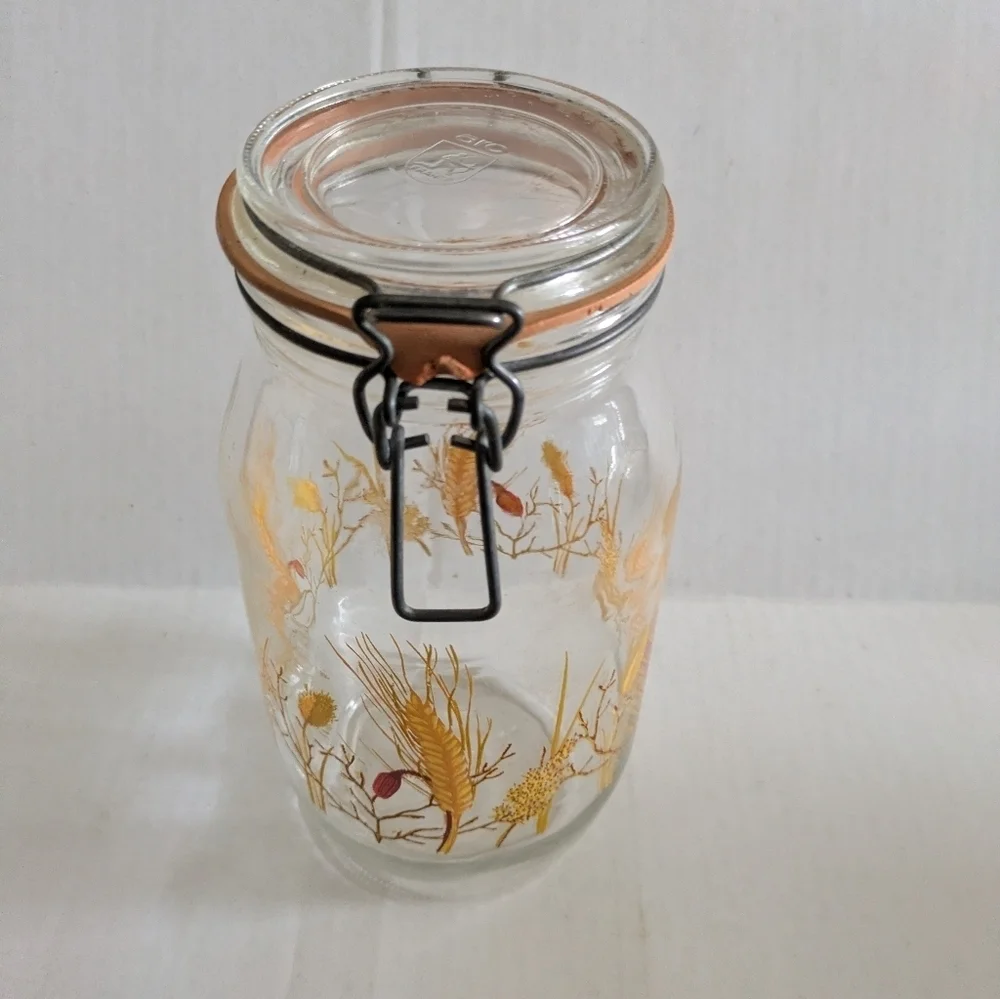 Vintage Glass Jar Canister Storage Botanical Wheat Arc France 2 L
